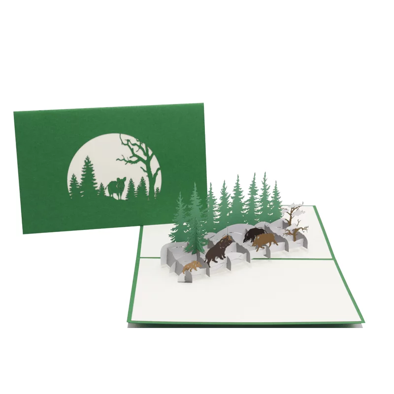 Pop-Up Karte "Wildschwein-Rotte Winterwald"