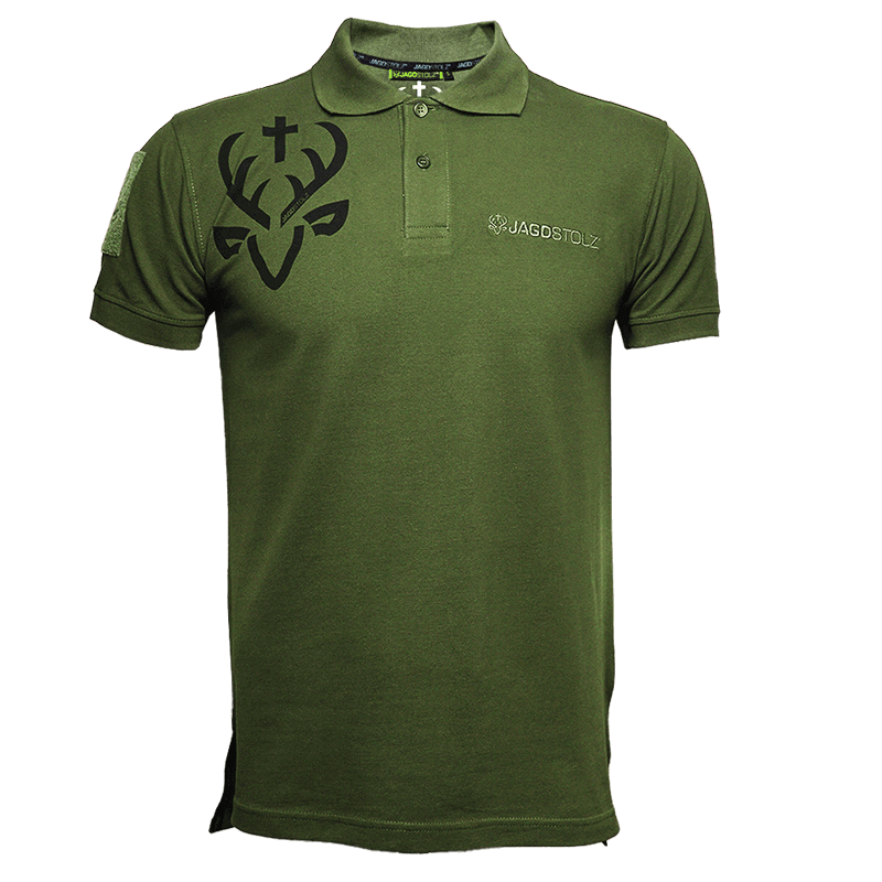 Jagdstolz Poloshirt grün Logo Black Hirsch mit Patch-Applikation