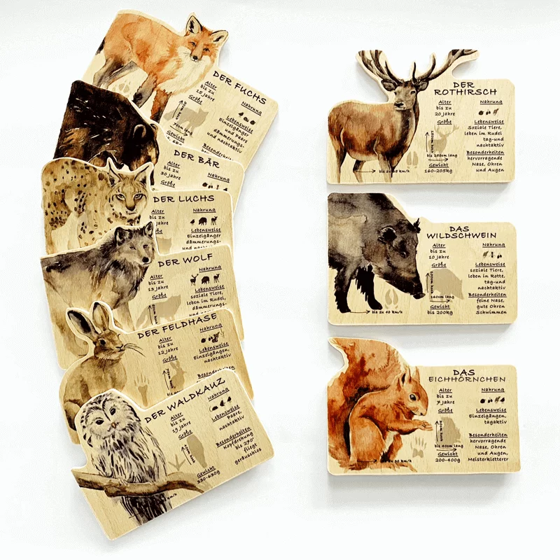 Holzkarten Lernkarten Waldtiere Set (9 Karten)
